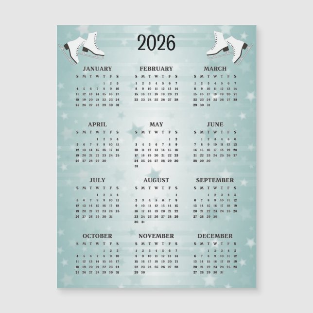 Ice Skates Design 2026 Calendar Magnetic Card (Front)