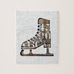 Ice Skates Jigsaw Puzzle - Mixed Media Art<br><div class="desc">An ice skate image in modern abstract mixed media with numbers in neutral browns over a white textured background.</div>