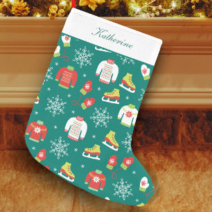 Ice Skates, Mittens and Snowflakes Pattern Teal Small Christmas Stocking