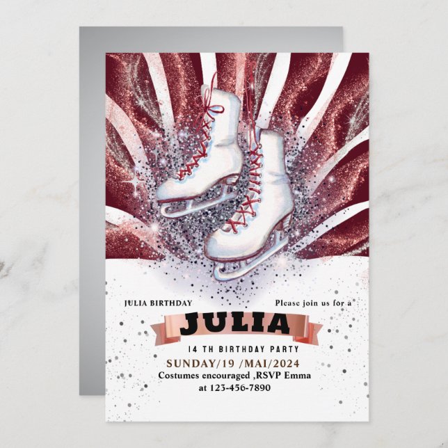 ice skates skating silver shiny brown red invitation (Front/Back)