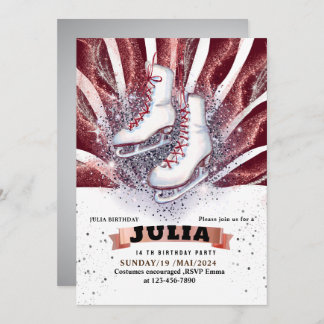 ice skates skating silver shiny brown red invitation