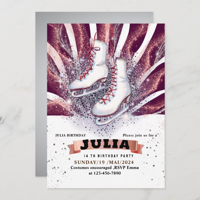 ice skates skating silver shiny purple violet invitation (Front/Back)