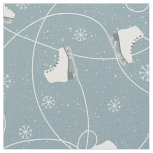 Ice Skates Snowflakes Ice Trails Blue Grey Fabric
