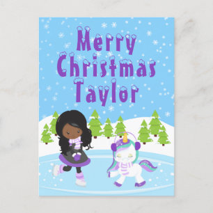 Ice Skating African American Girl Merry Christmas  Holiday Postcard