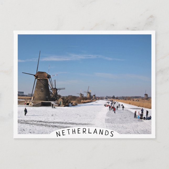 Ice skating along the windmills in winter postcard (Front)
