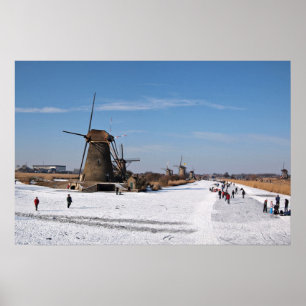 Ice skating along the windmills in winter poster