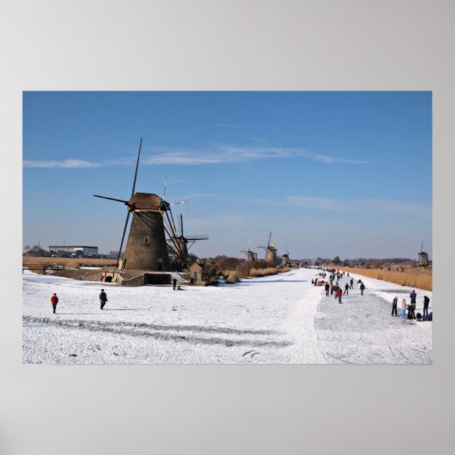 Ice skating along the windmills in winter poster (Front)