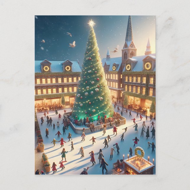 Ice Skating Around a Christmas Tree Blank Holiday Postcard (Front)