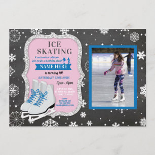 Ice Skating Birthday Blue Photo Skate Snowflakes Invitation