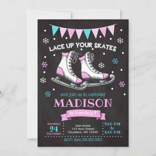Ice Skating Birthday Invitation / Girl / Pink Teal (Front)