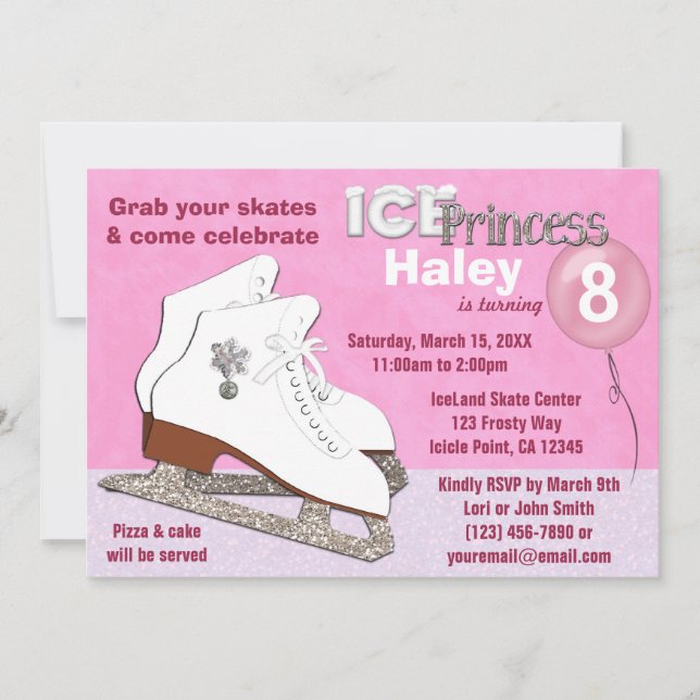 Ice Skating Birthday Invitation PINK Ice Princess (Front)