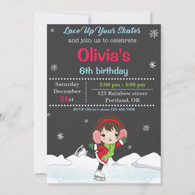 Ice skating birthday invitation Winter invitation (Front)