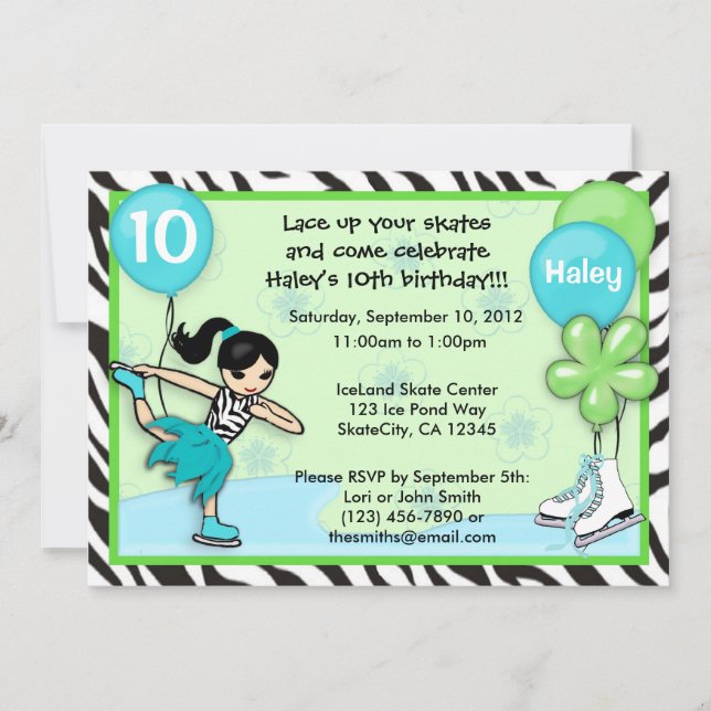 Ice Skating Birthday Invitation zebra print (Front)