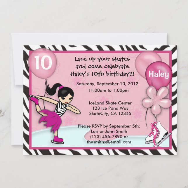 Ice Skating Birthday Invitation zebra print pink (Front)