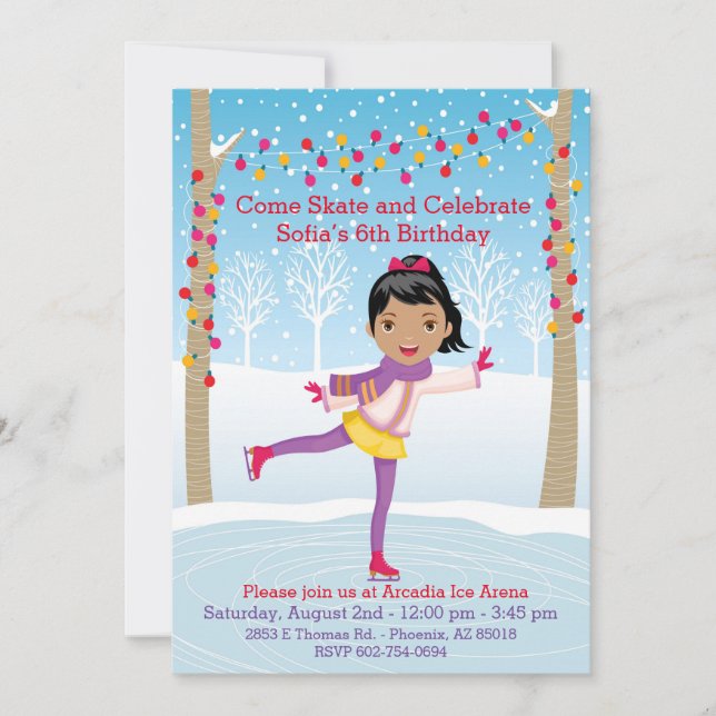 Ice Skating Birthday Party - African American Girl Invitation (Front)