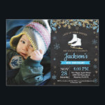 Ice Skating Birthday Party Blue Skate Photo Invitation<br><div class="desc">Ice Skating Birthday Party Blue Skate Invitation with custom photo. Boy Birthday. Blue and Gold Glitter Snowflake. Winter Christmas Holiday. Chalkboard Background. Black and White. 1st 2nd 3rd 4th 5th 6th 7th 8th 9th 10th 11th 12th 13th 14th 15th, any age. For further customisation, please click the "Customise it" button...</div>