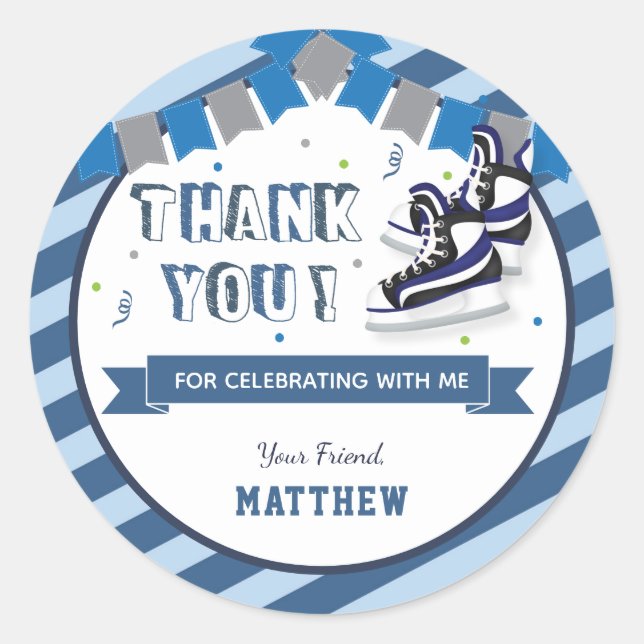 Ice Skating Birthday Party Blue Thank You Favour Classic Round Sticker (Front)