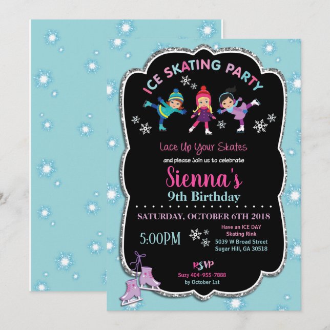 Ice Skating Birthday Party Girls Snowflakes Invitation (Front/Back)
