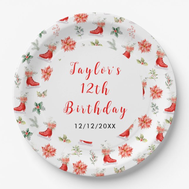 Ice Skating Birthday Party Red Paper Plate (Front)