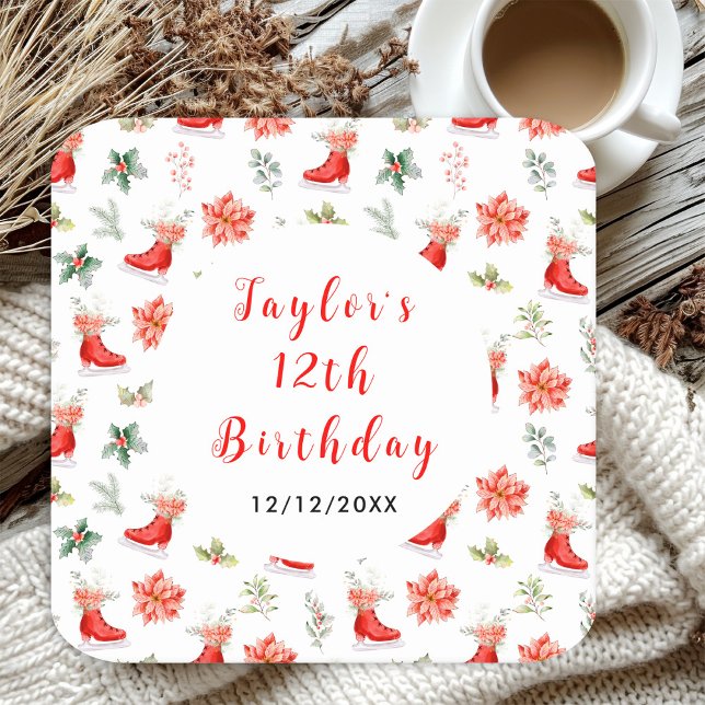 Ice Skating Birthday Party Red Square Paper Coaster (Creator Uploaded)