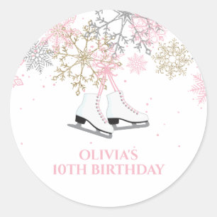 Ice Skating Birthday Pink Gold Snowflakes Classic Round Sticker