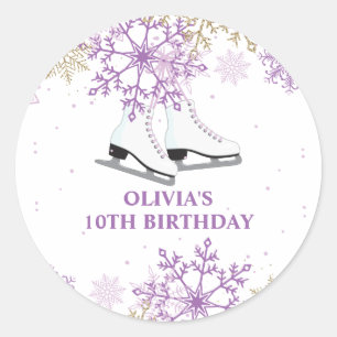Ice Skating Birthday Purple and Gold Snowflake Classic Round Sticker