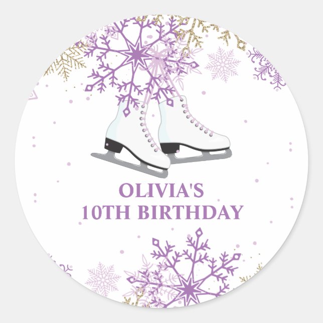 Ice Skating Birthday Purple and Gold Snowflake Classic Round Sticker (Front)