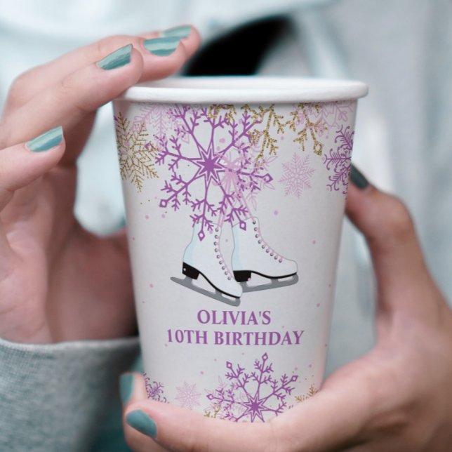Ice Skating Birthday Purple and Gold Snowflake Paper Cups (Creator Uploaded)