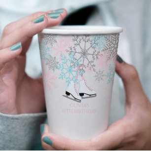 Ice Skating Birthday Snowflakes Pink Blue Silver Paper Cups