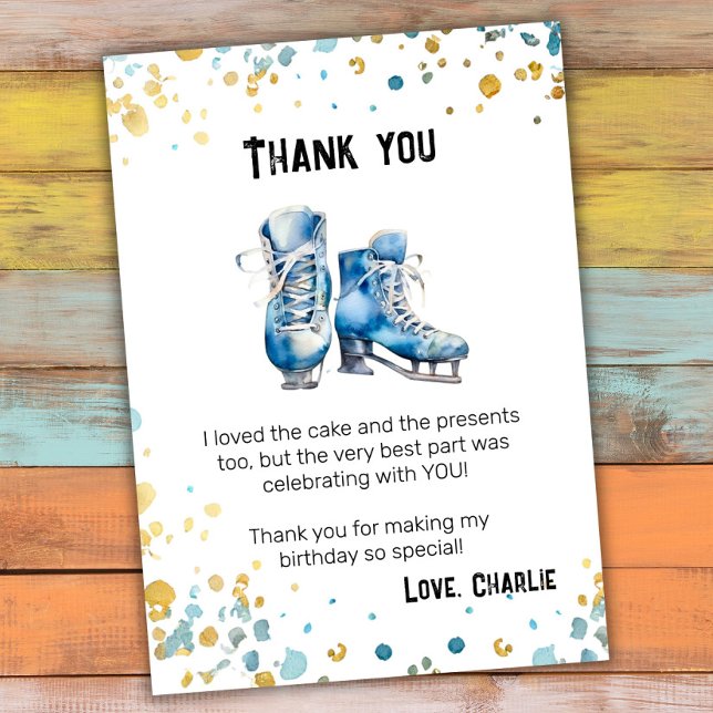 Ice-Skating Birthday Thank You Card, Blue Gold Card (Creator Uploaded)