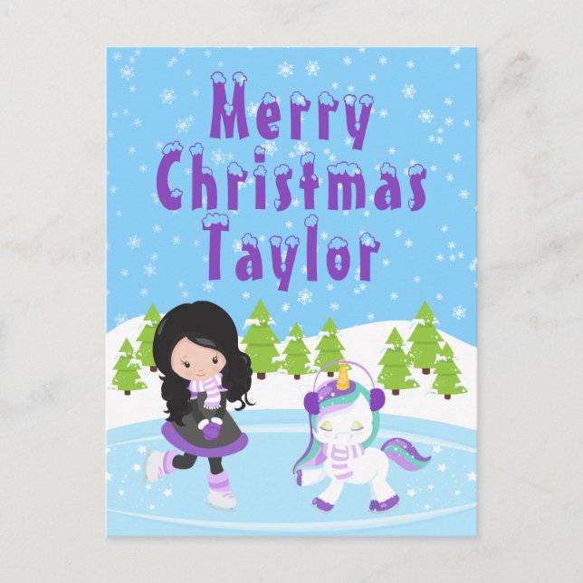Ice Skating Black Hair Girl Merry Christmas Holida Holiday Postcard (Front)