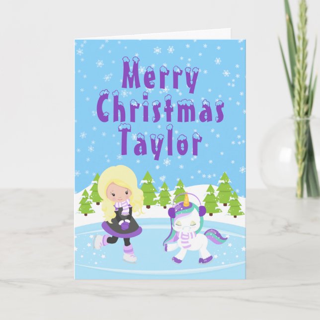 Ice Skating Blonde Hair Girl Merry Christmas Holid Holiday Card (Front)