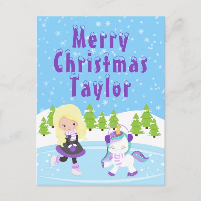 Ice Skating Blonde Hair Girl Merry Christmas Holid Holiday Postcard (Front)