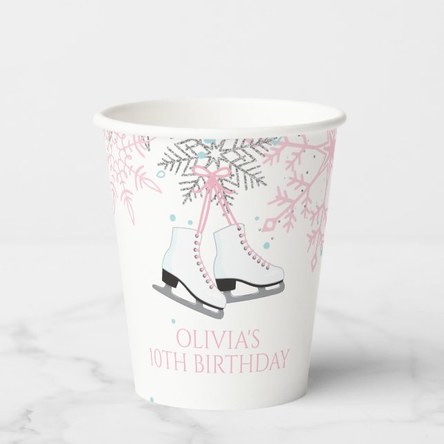 Ice Skating Blue Pink Snowflakes Birthday Paper Cups (Front)