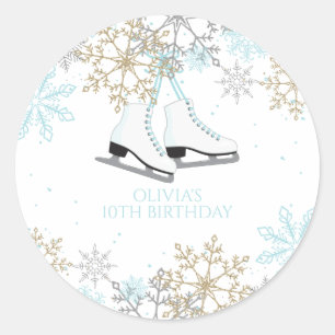 Ice Skating Blue Silver Gold Snowflakes Birthday Classic Round Sticker