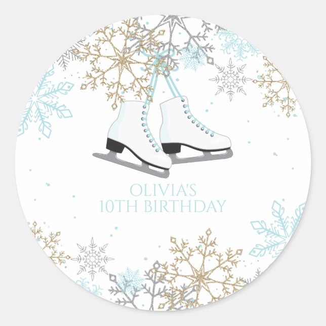 Ice Skating Blue Silver Gold Snowflakes Birthday Classic Round Sticker (Front)
