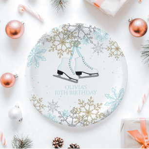 Ice Skating Blue Silver Gold Snowflakes Birthday Paper Plate