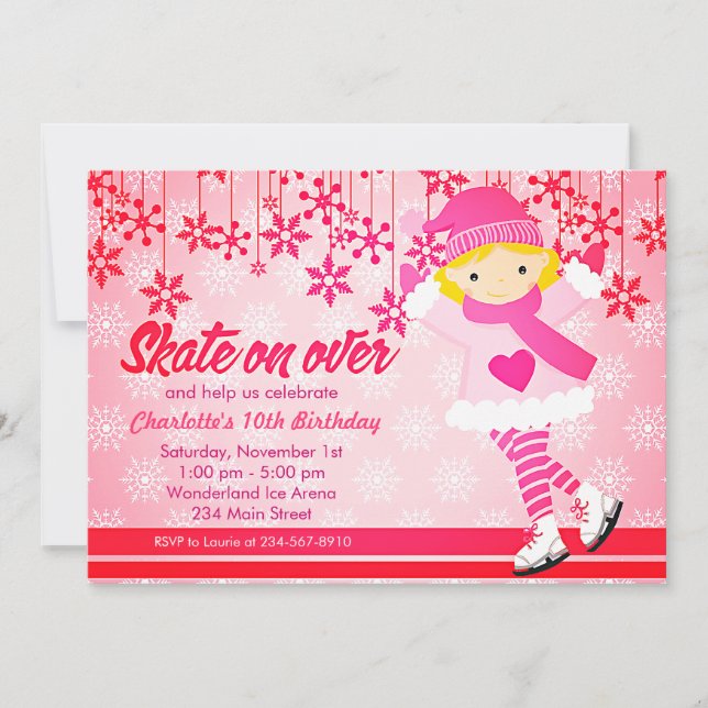 Ice Skating Bright Pink Girly Party Invitation (Front)