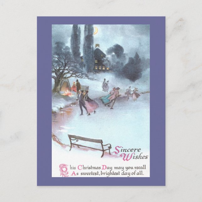 Ice Skating by Moonlight Vintage Christmas Holiday Postcard (Front)
