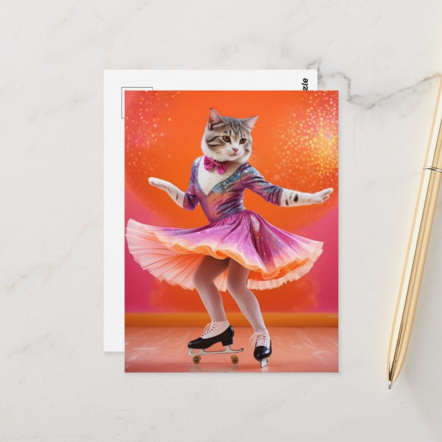 Ice Skating Cat in Pink Postcard (Front/Back In Situ)
