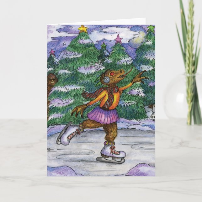 Ice Skating Chupacabra Holiday Card (Front)