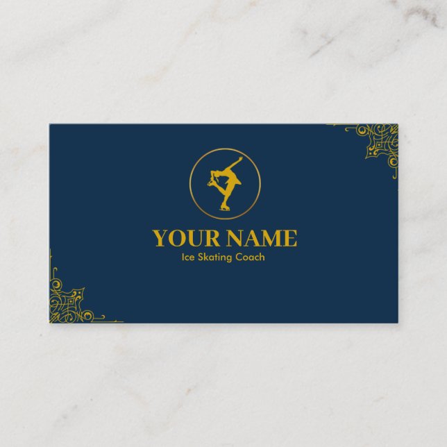 Ice Skating Coach Gold & Blue Navy Business Card (Front)