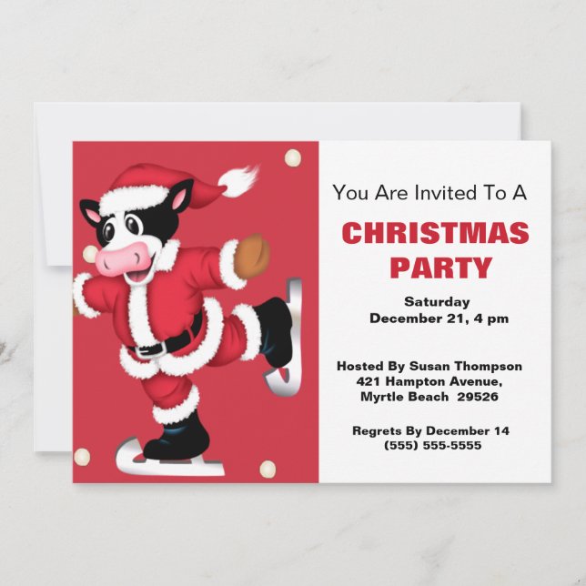 Ice Skating Cow Christmas Party Invitation (Front)