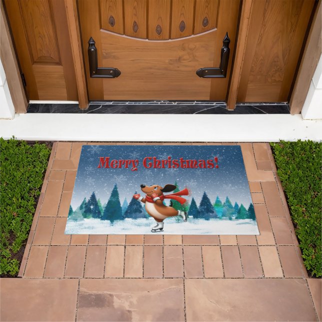 Ice Skating Dachshund Christmas Doormat (Outdoor)