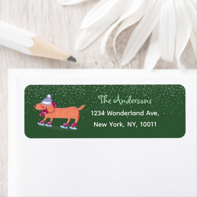 Ice Skating Dachshund Green Winter Return Address (Insitu)