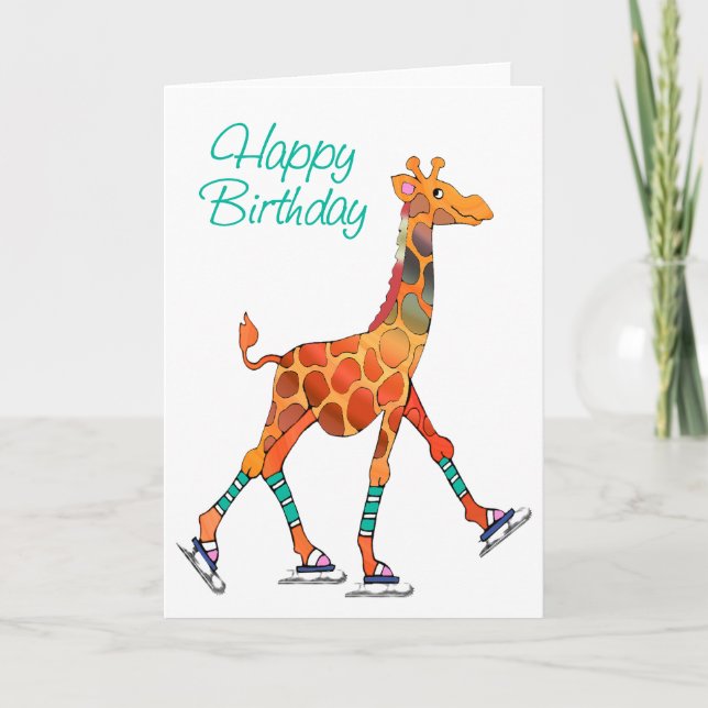 Ice Skating Giraffe Birthday Card (Front)