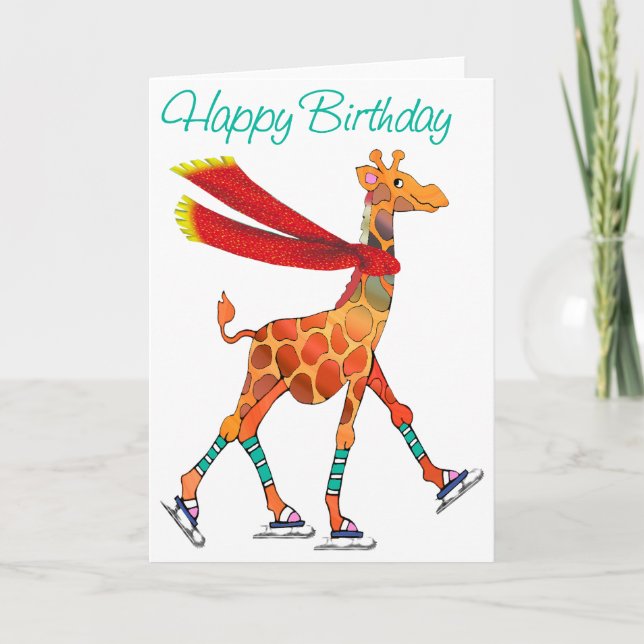Ice Skating Giraffe with Scarf Birthday Card (Front)