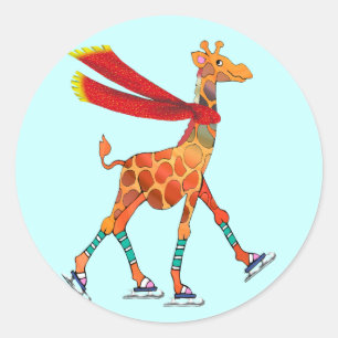 Ice Skating Giraffe with Scarf Classic Round Sticker