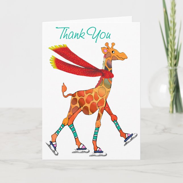 Ice Skating Giraffe with Scarf Thanks Thank You Card (Front)