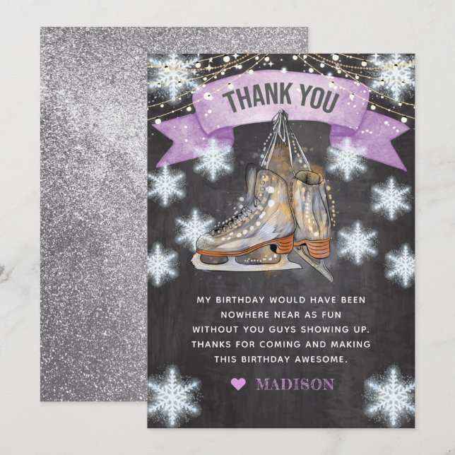 Ice Skating Girl Birthday Glitter Thank You Card (Front/Back)